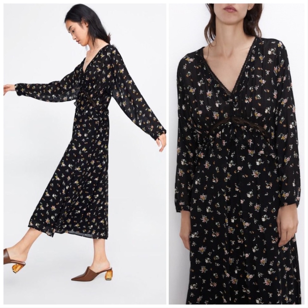Zara Ditsy Floral Cottage Core Midi Dress Black XS